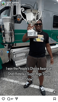 The picture shows Tarik Alaminii, standing in front of his truck, smiling and holding up the People's Choice award trophy.